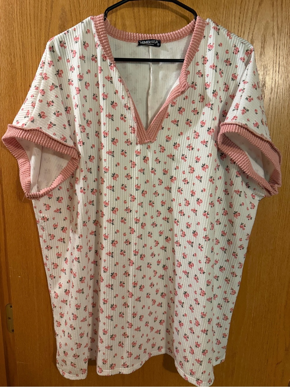 HEIMISH USA White Short Sleeve Ribbed V-Neck Top with Pink Floral Print